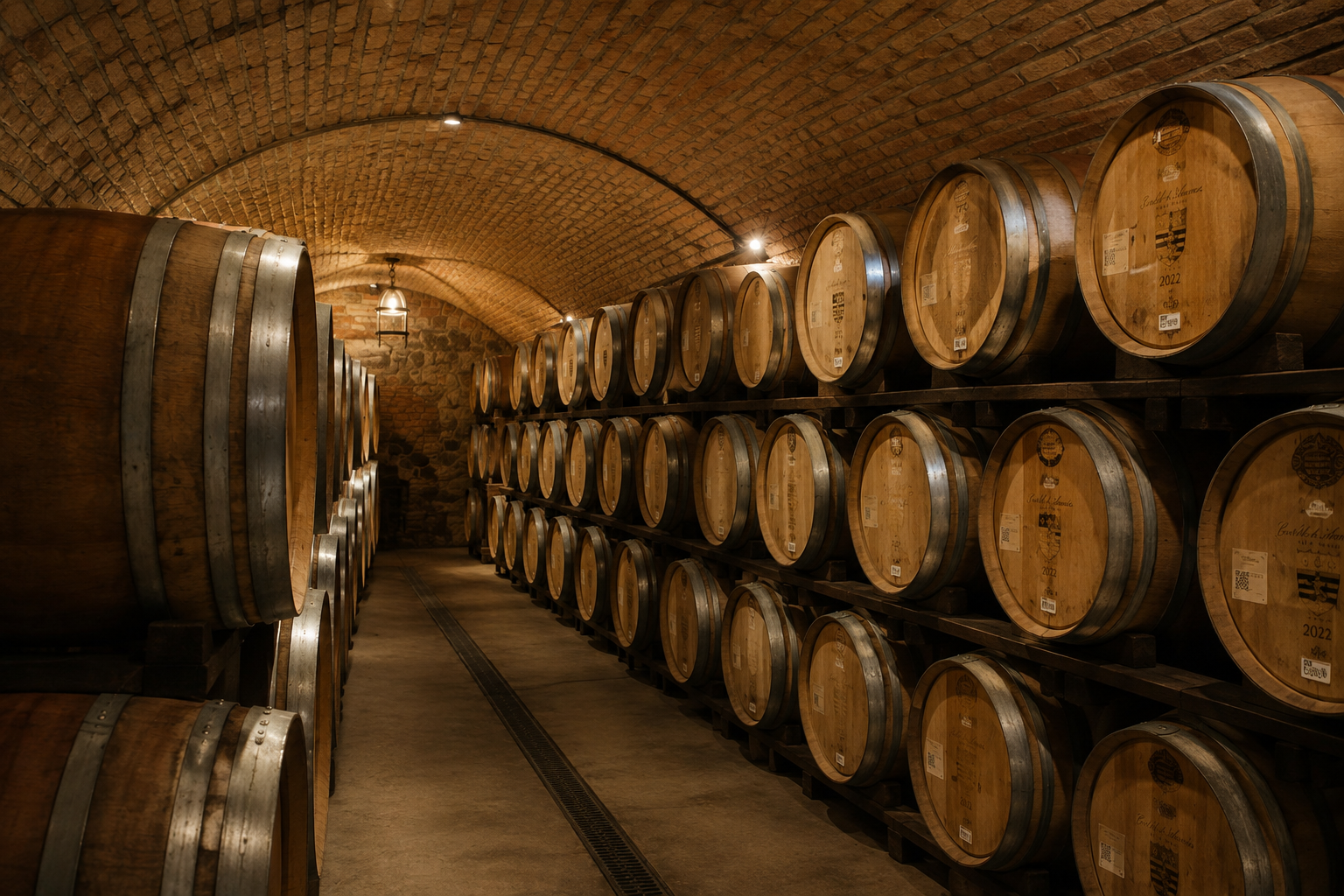 Oak barrels inside a traditional wine cellar